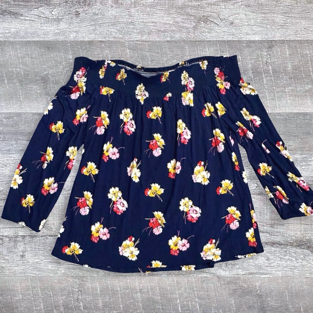 Old Navy Long Sleeve Swing Off Shoulder Navy Top Womens M Floral Boho Blouse